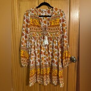 R. Vivimos Boho Floral Peasant Dress Mustard Rust M 8/10